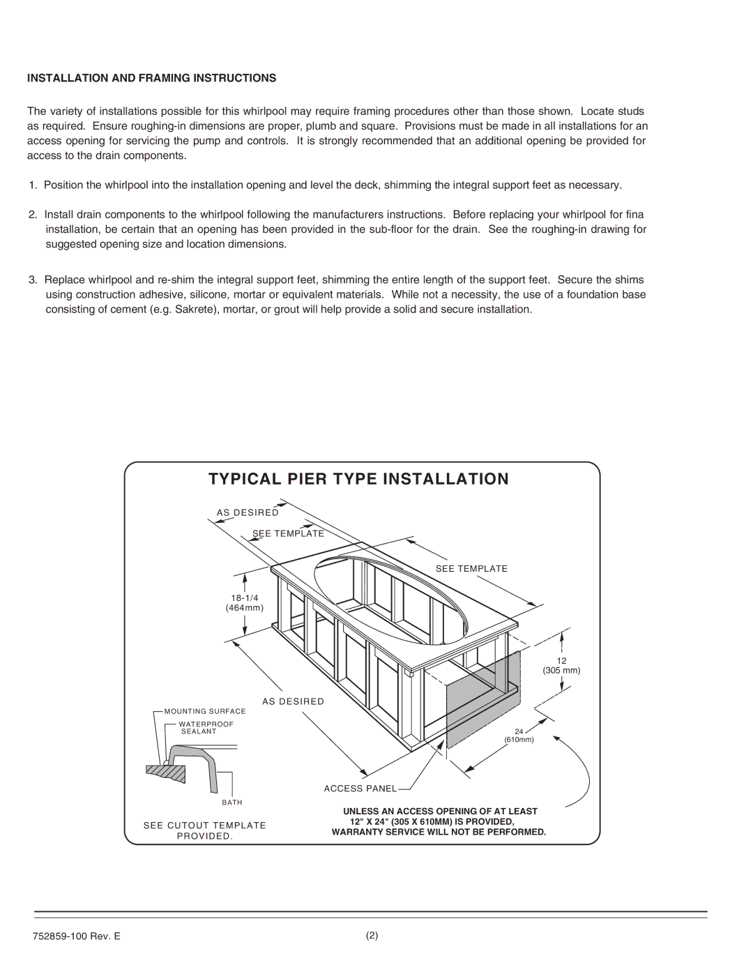 American Standard 2908EC installation instructions Typical Pier Type Installation, Installation and Framing Instructions 