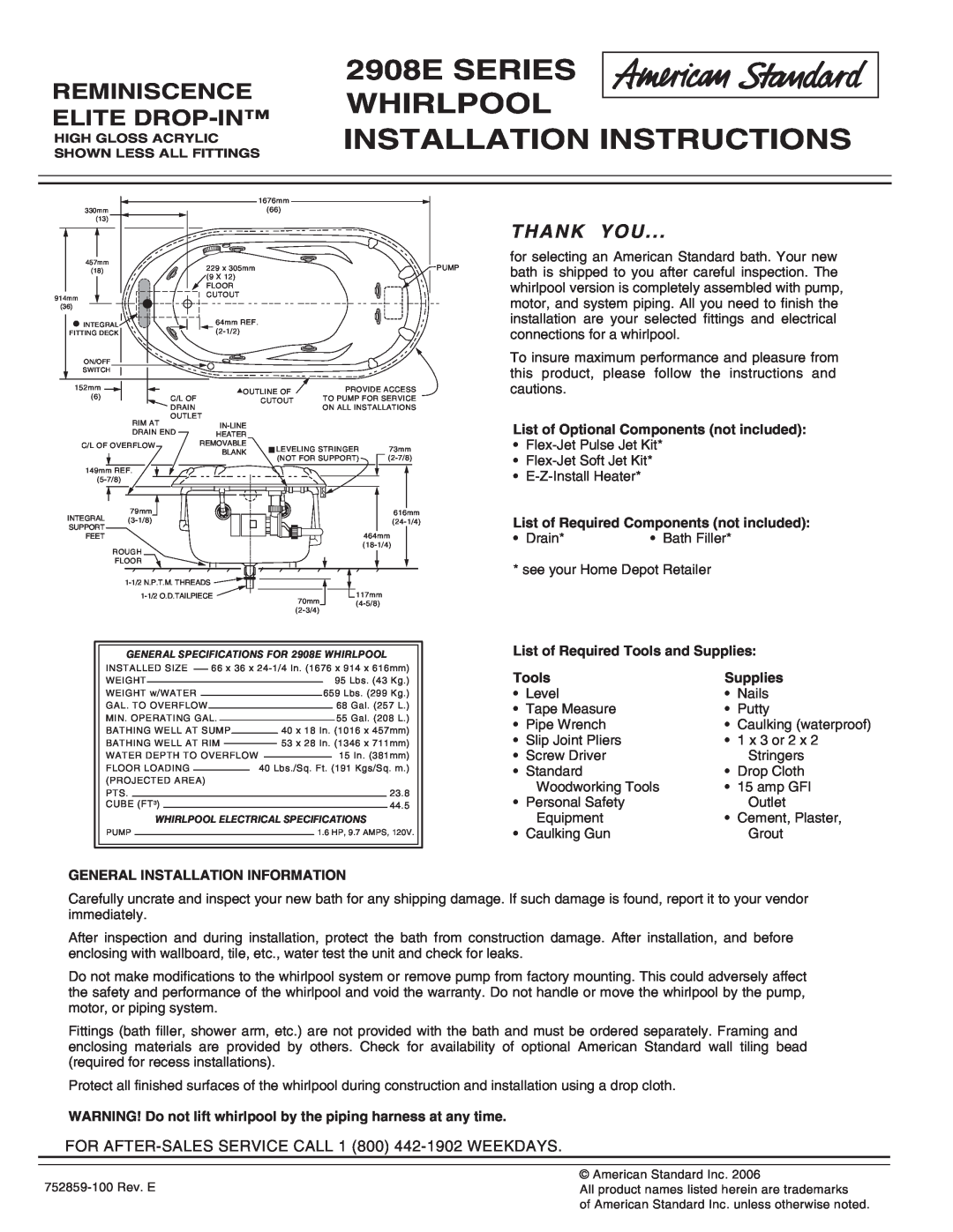 American Standard 2908EC installation instructions 2908E SERIES WHIRLPOOL INSTALLATION INSTRUCTIONS, Thank You, Tools 