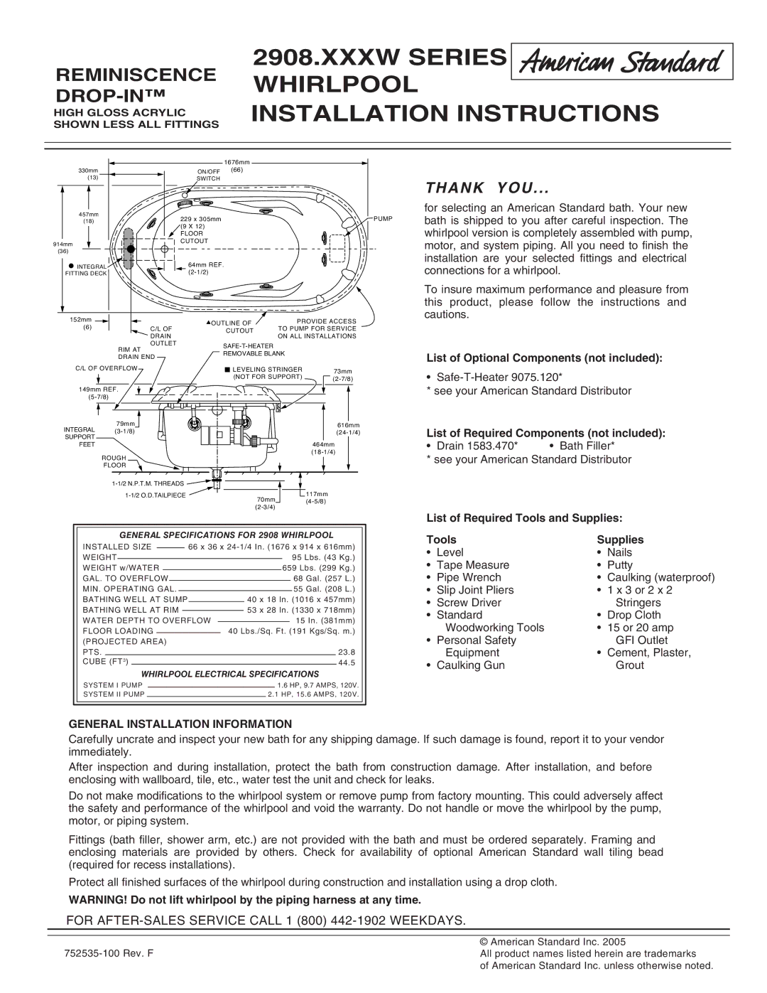 American Standard 2908.XXXW installation instructions List of Optional Components not included, Tools Supplies 