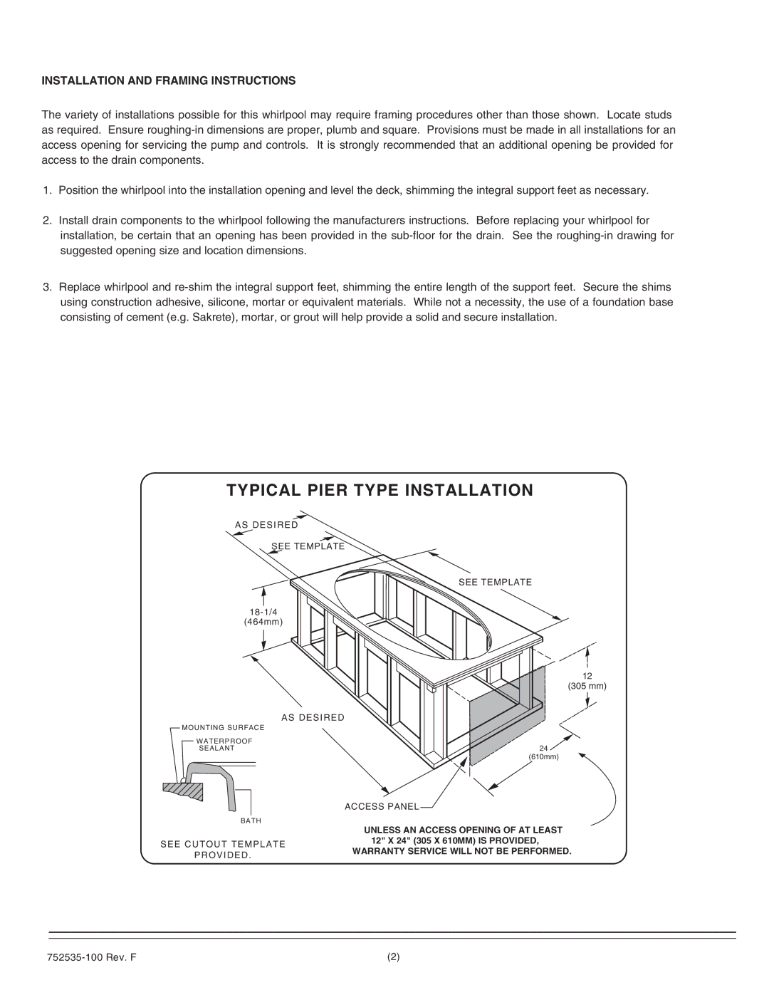 American Standard 2908.XXXW installation instructions Typical Pier Type Installation, Installation and Framing Instructions 