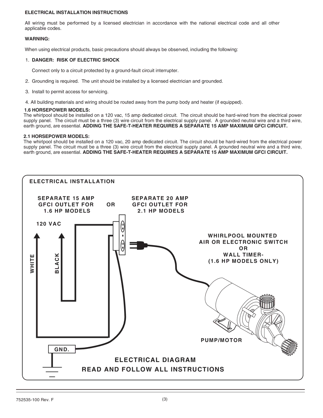 American Standard 2908.XXXW installation instructions Electrical Installation Instructions, Horsepower Models 