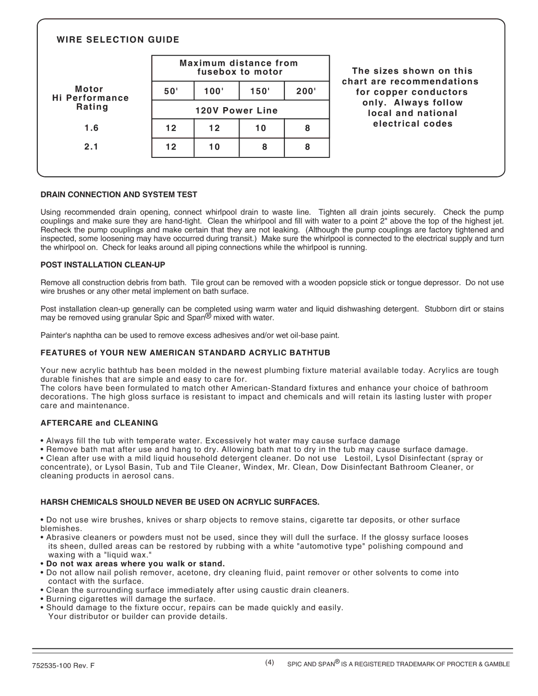 American Standard 2908.XXXW installation instructions Drain Connection and System Test, Post Installation CLEAN-UP 