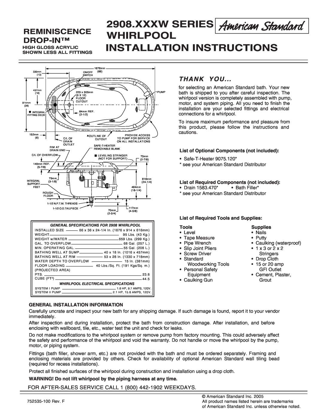 American Standard 2908.XXXW installation instructions Xxxw Series Whirlpool Installation Instructions, Thank You, Tools 
