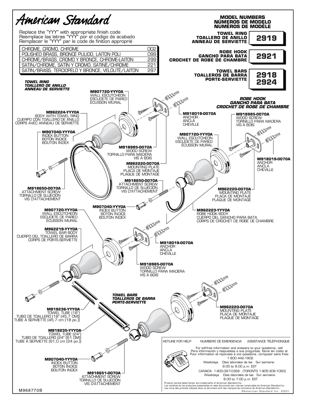 American Standard 2921 manual 2919, 2918, 2924 