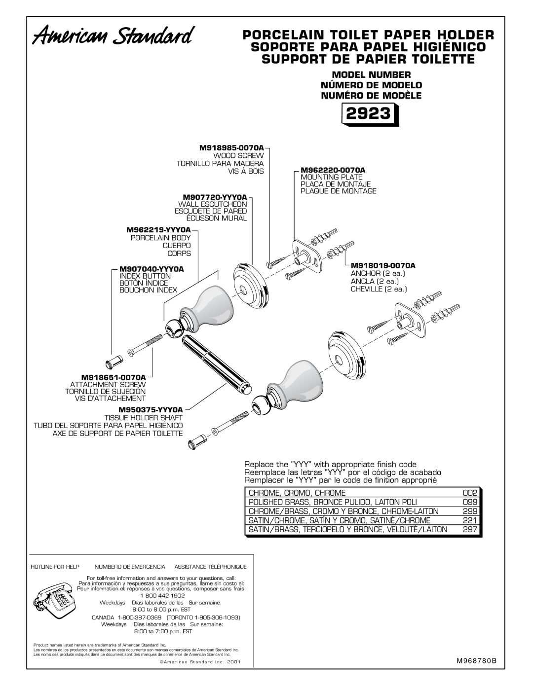 American Standard 2923 M918985-0070A, M907720-YYY0A, M962219-YYY0A, M907040-YYY0A, M918651-0070A, M950375-YYY0A 