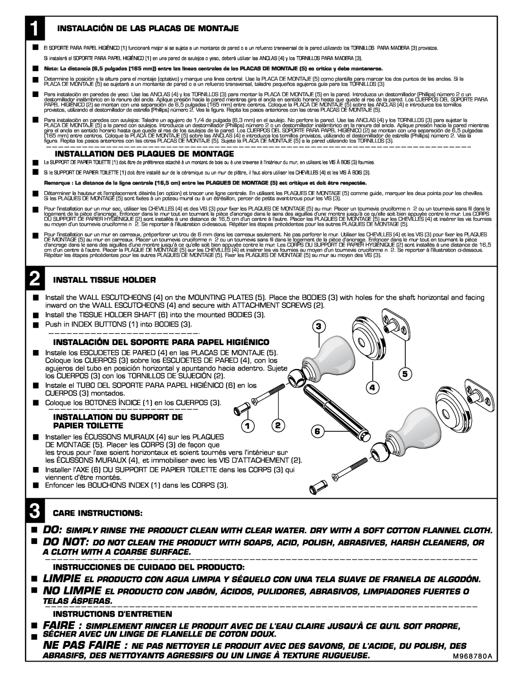 American Standard 2923 installation instructions Instalación De Las Placas De Montaje 