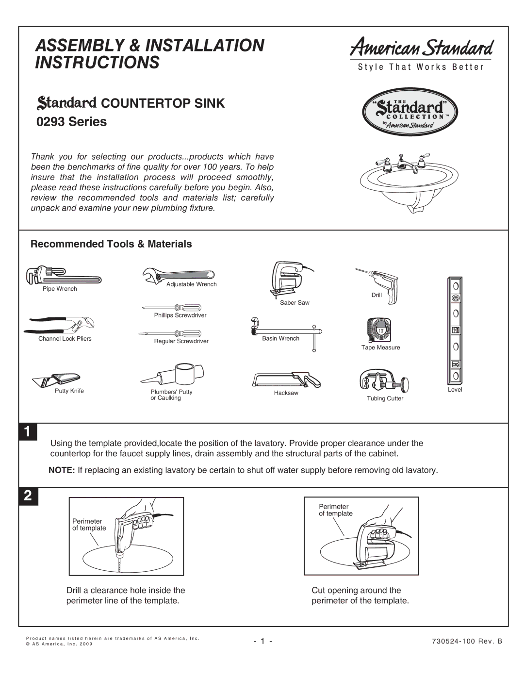 American Standard installation instructions Assembly & Installation Instructions, Countertop Sink 0293 Series 