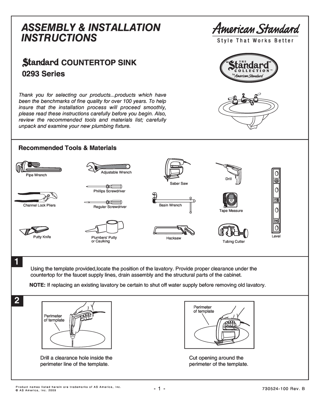 American Standard installation instructions Assembly & Installation Instructions, COUNTERTOP SINK 0293 Series 