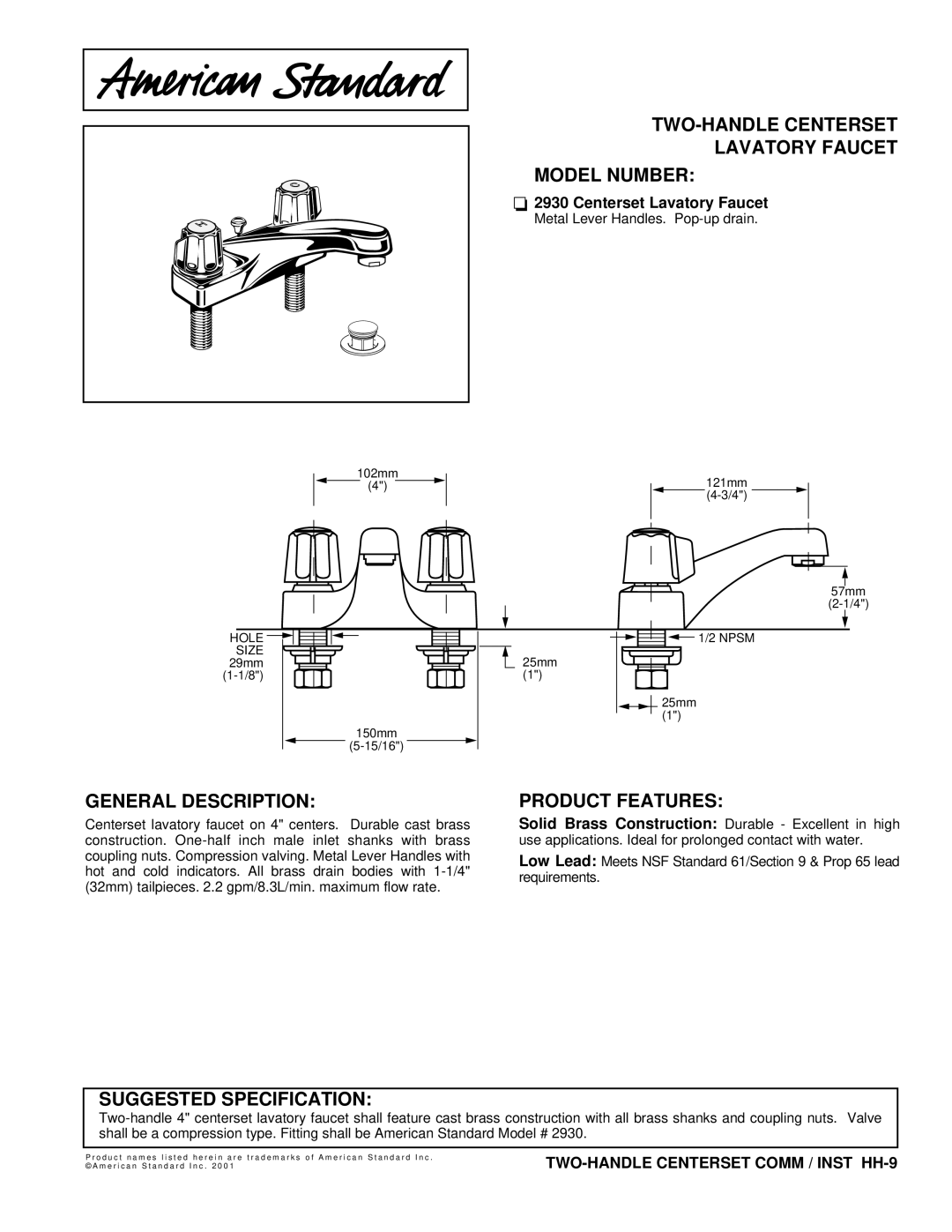 American Standard 2930 manual TWO-HANDLE Centerset Lavatory Faucet Model Number, General Description, Product Features 