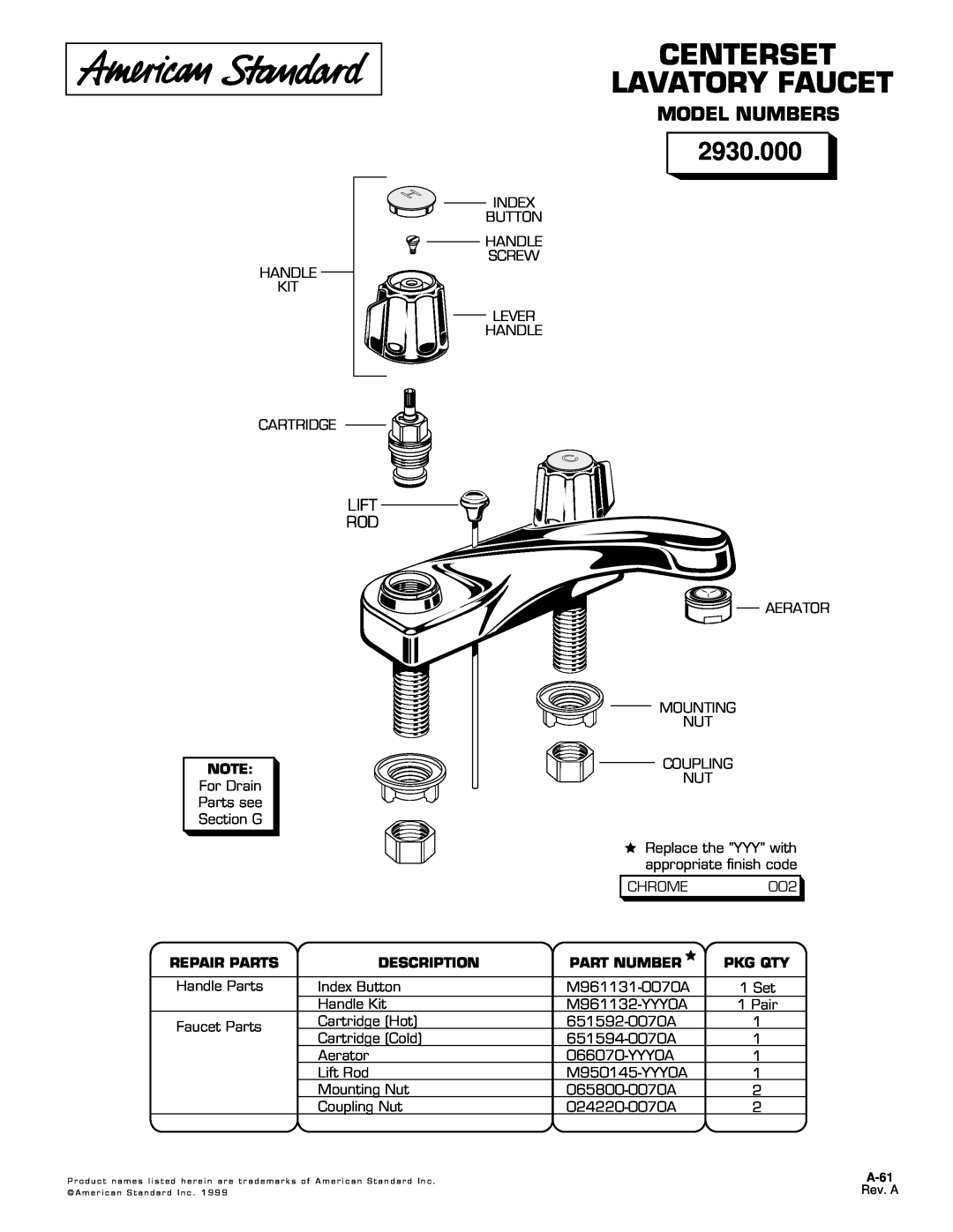 American Standard 2930.000 manual Centerset Lavatory Faucet, Model Numbers, Lift Rod, Repair Parts, Description, Pkg Qty 