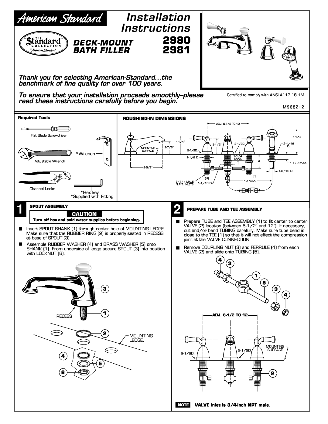 American Standard 2981 installation instructions Deck-Mountbath Filler, Installation Instructions, 2980 