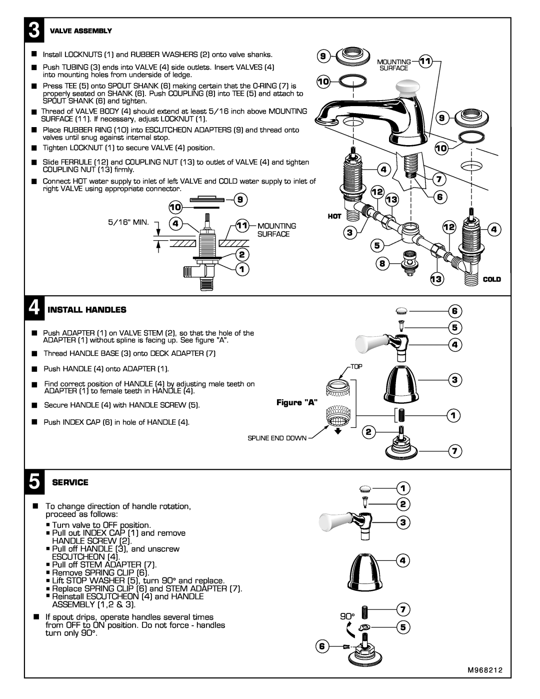 American Standard 2980, 2981 installation instructions Install Handles, Figure A, Service, 1 2 