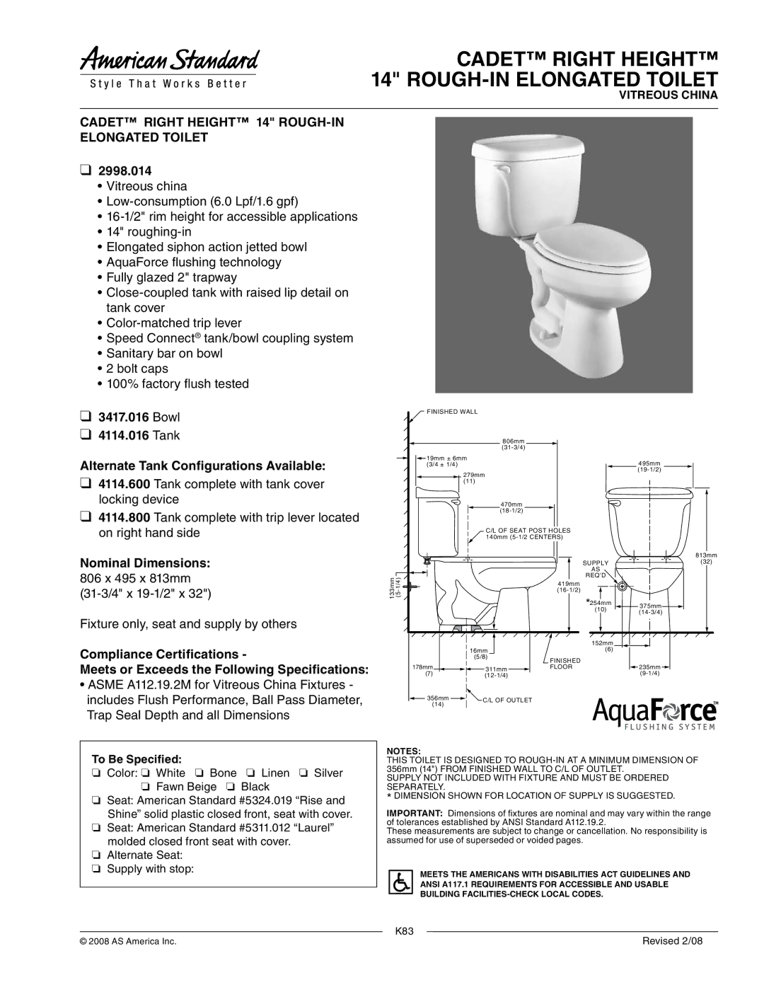 American Standard 4114.600 dimensions Cadet Right Height 14 ROUGH-IN Elongated Toilet, 2998.014, Nominal Dimensions 