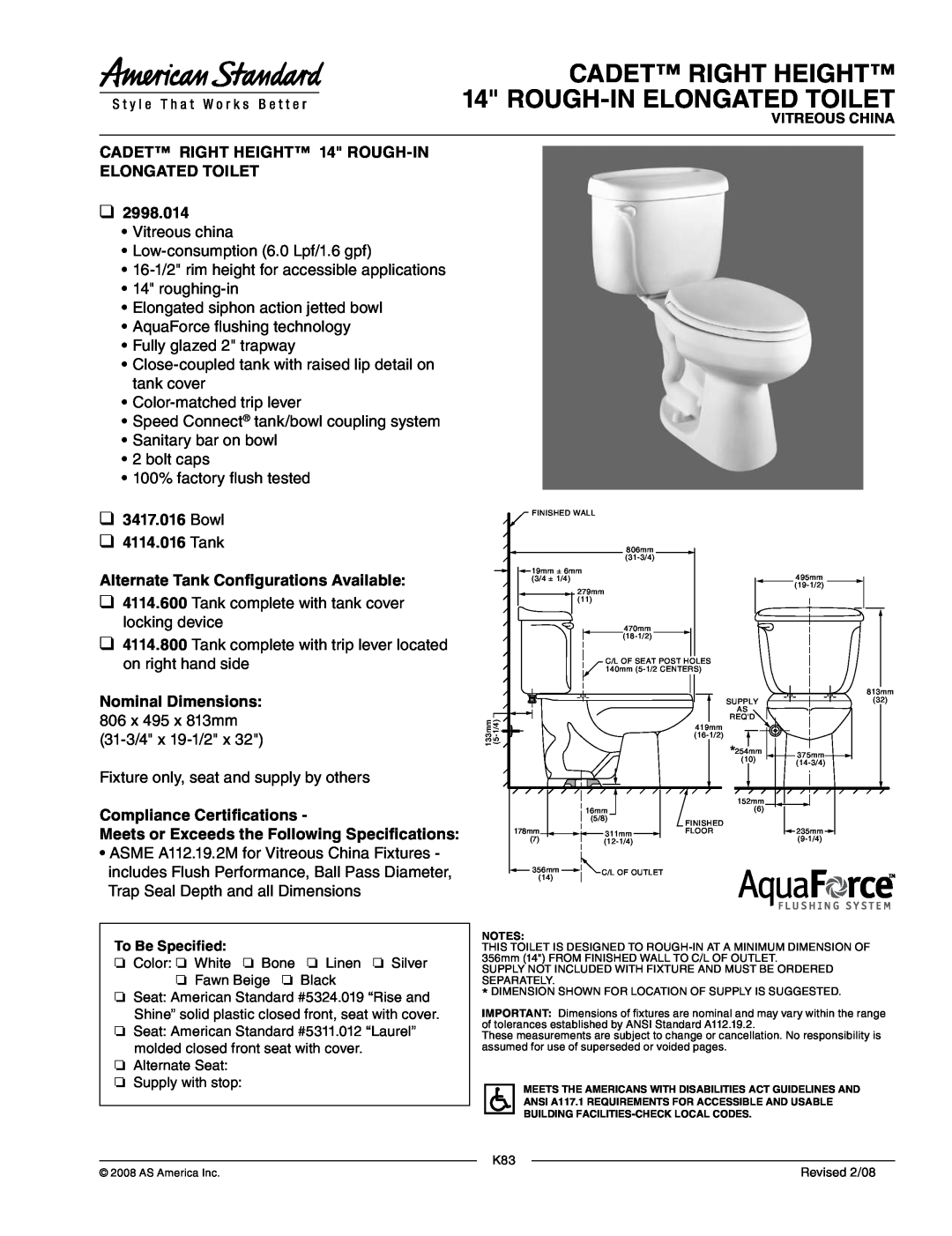 American Standard 4114.600 dimensions CADET RIGHT HEIGHT 14 ROUGH-INELONGATED TOILET, 2998.014, Bowl 4114.016 Tank 