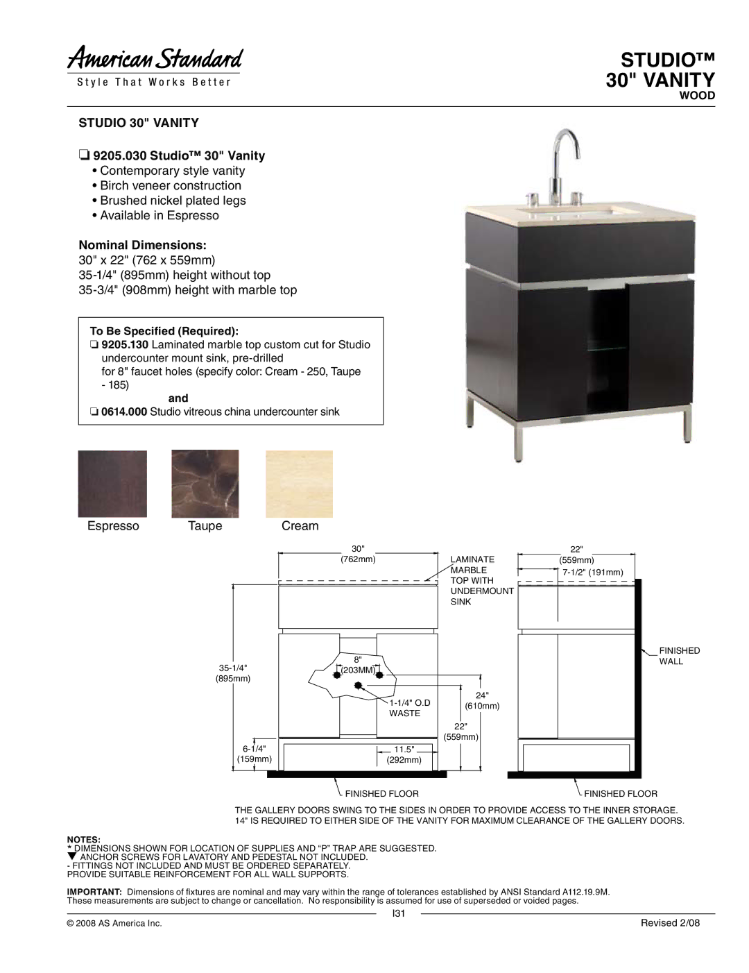 American Standard dimensions Studio 30 Vanity, Nominal Dimensions, Espresso Taupe Cream 