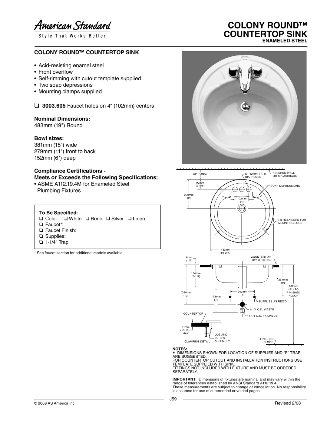 American Standard 3003.605 dimensions Colony Round Countertop Sink, 483mm 19 Round, To Be Specified 