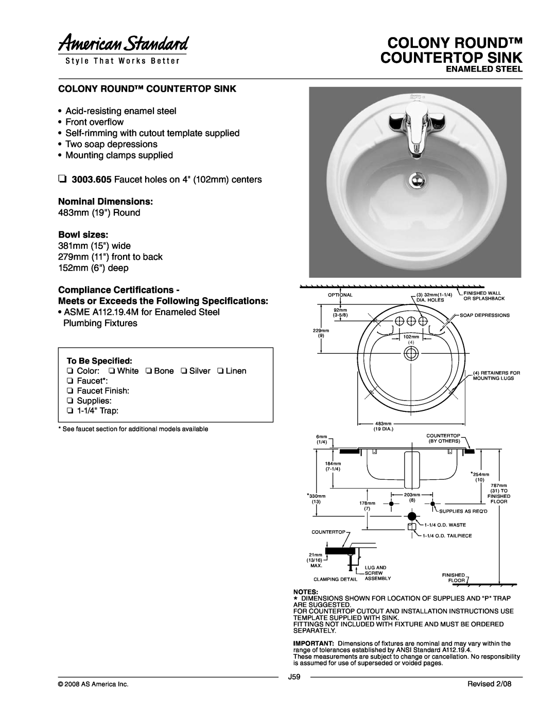 American Standard 3003.605 dimensions Colony Round Countertop Sink, Acid-resistingenamel steel Front overflow 