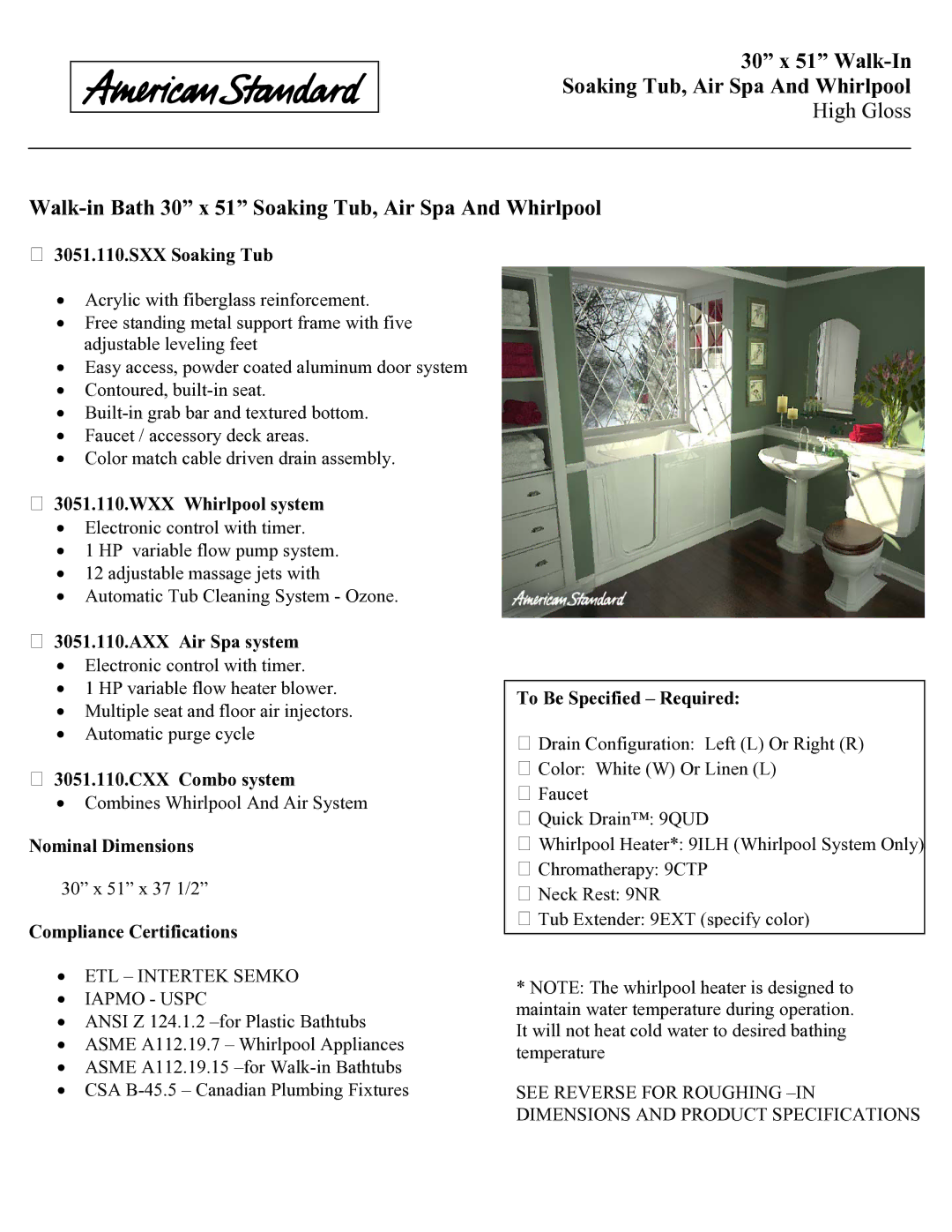 American Standard 3051.110.WXX, 3051.110.CXX, 3051.110.SXX dimensions 30 x 51 Walk-In Soaking Tub, Air Spa And Whirlpool 