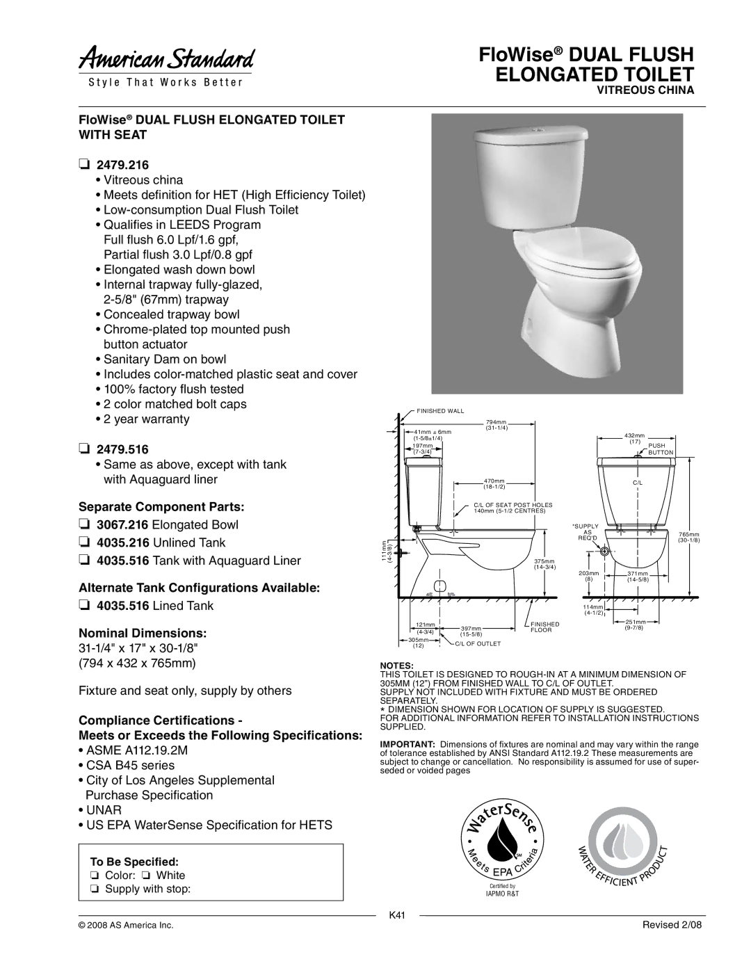 American Standard 3067.216 warranty Elongated Toilet 