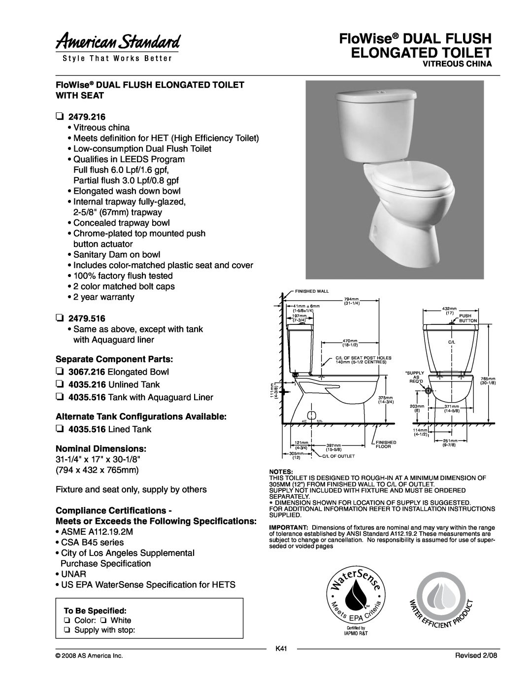 American Standard 3067.216 warranty FloWise DUAL FLUSH ELONGATED TOILET WITH SEAT, 2479.216, 2479.516 