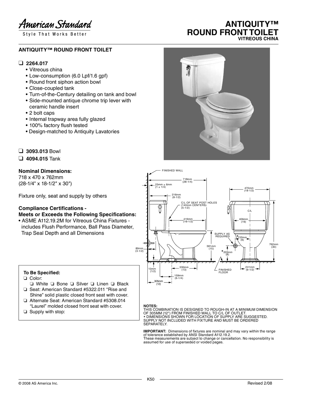 American Standard 3093.013 dimensions Antiquity Round Front Toilet 