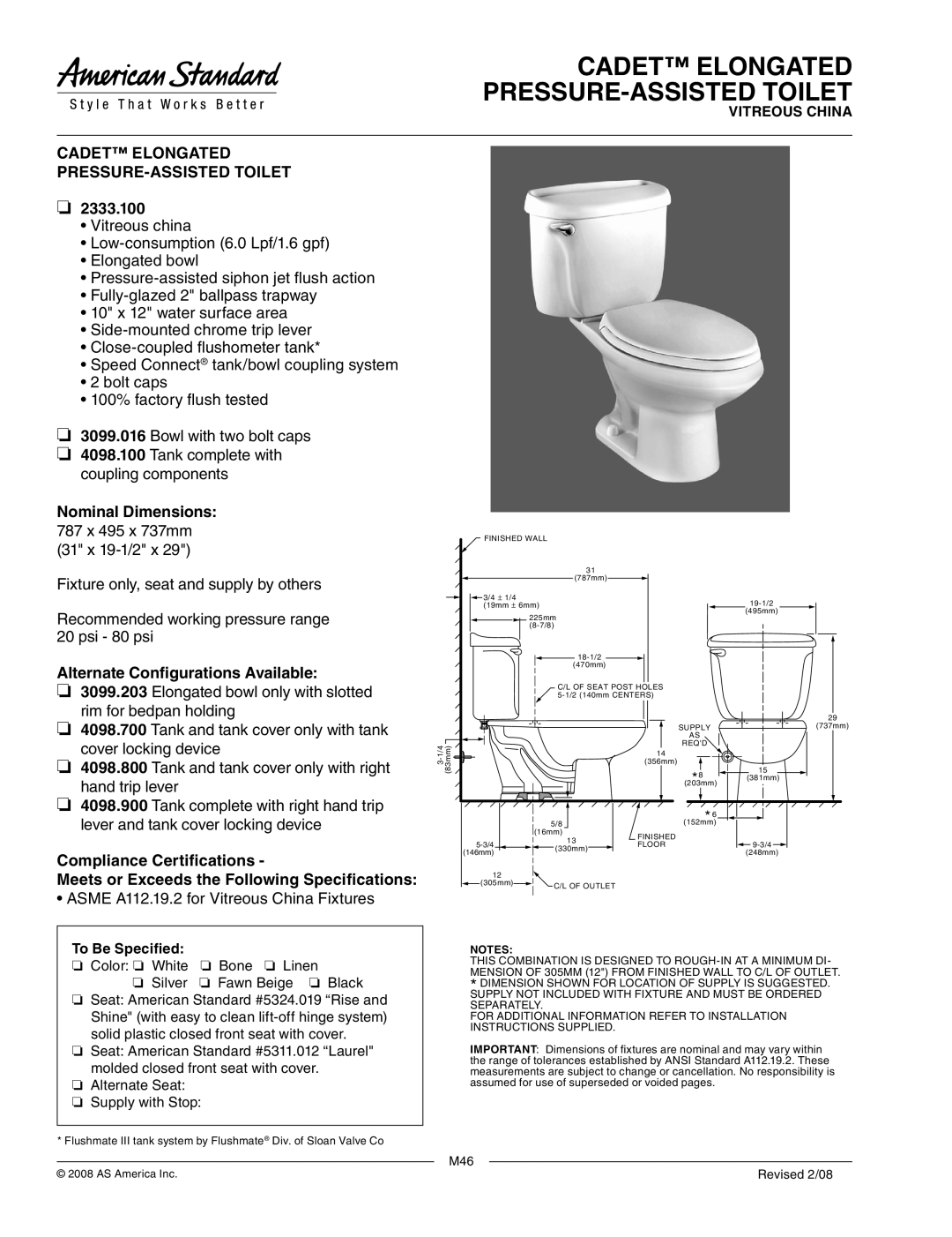 American Standard 3099.016, 3099.203 dimensions Cadet Elongated PRESSURE-ASSISTED Toilet, 2333.100, Nominal Dimensions 