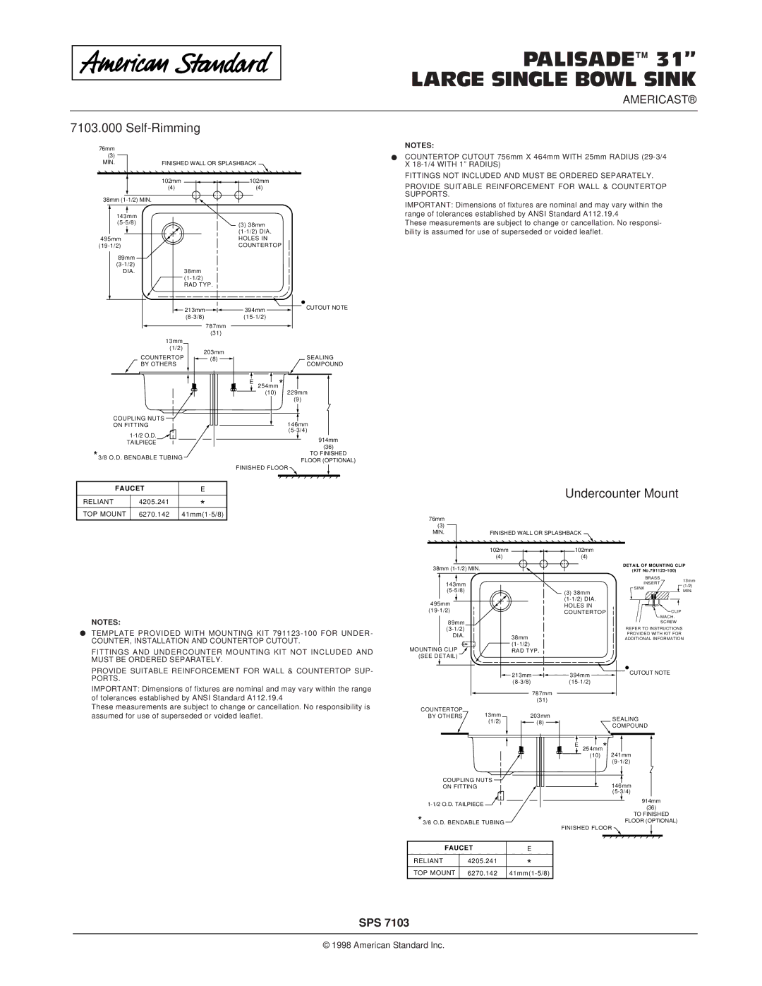 American Standard 31 dimensions Self-Rimming, Undercounter Mount 