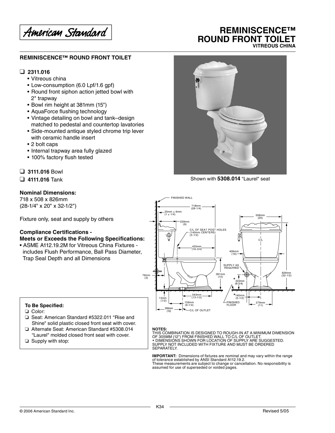 American Standard 3111.016 dimensions Reminiscence Round Front Toilet, 2311.016, Bowl Tank Nominal Dimensions 