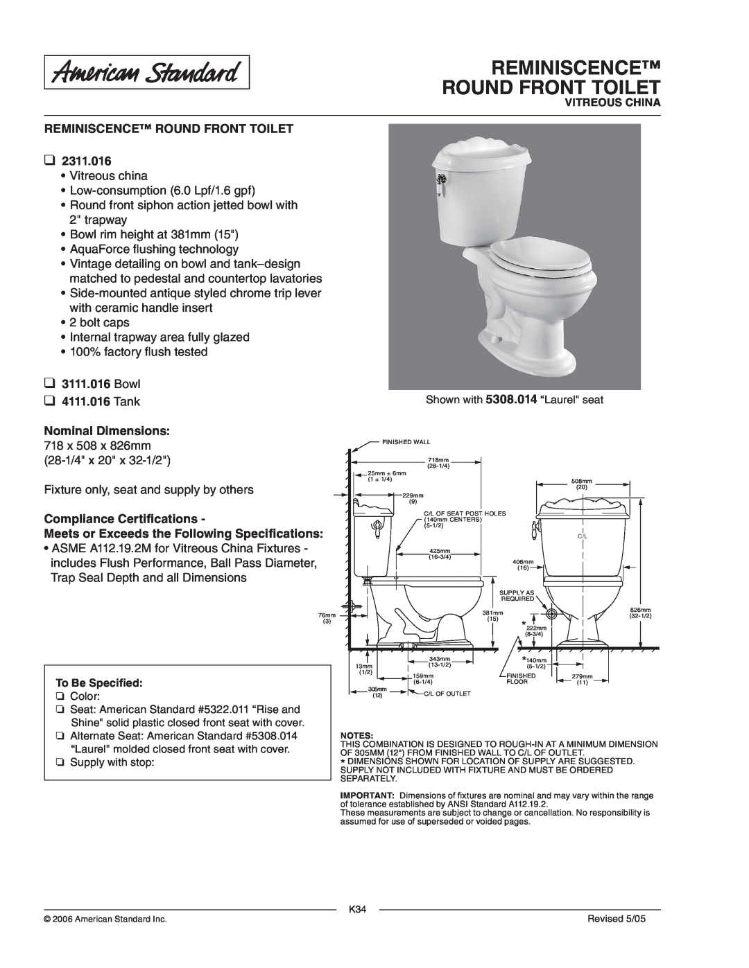 American Standard 3111.016 dimensions Reminiscence Round Front Toilet, Bowl 4111.016 Tank Nominal Dimensions 