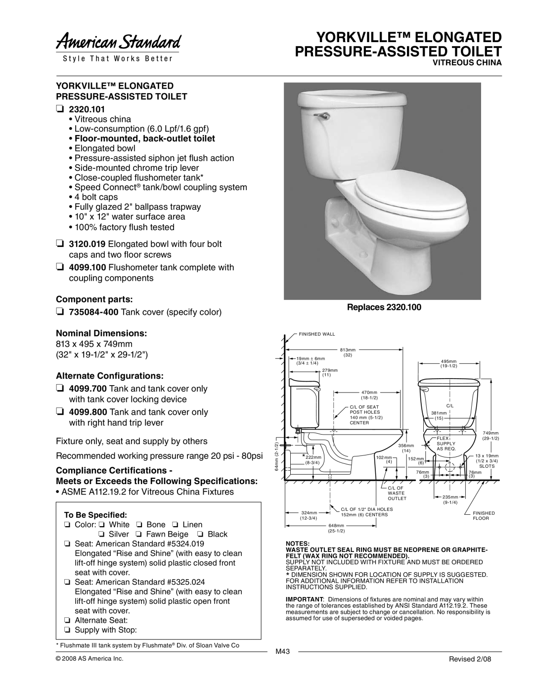 American Standard 3120.019 dimensions Yorkville Elongated PRESSURE-ASSISTED Toilet, 2320.101, Component parts 