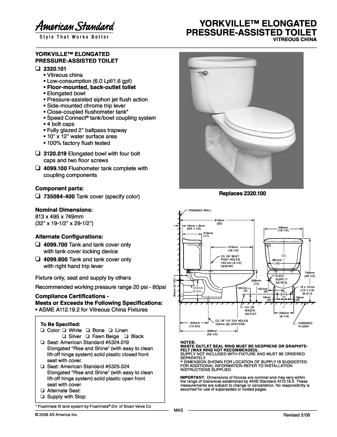 American Standard 3120.019 dimensions Yorkville Elongated Pressure-Assistedtoilet, 2320.101, Component parts, Replaces 