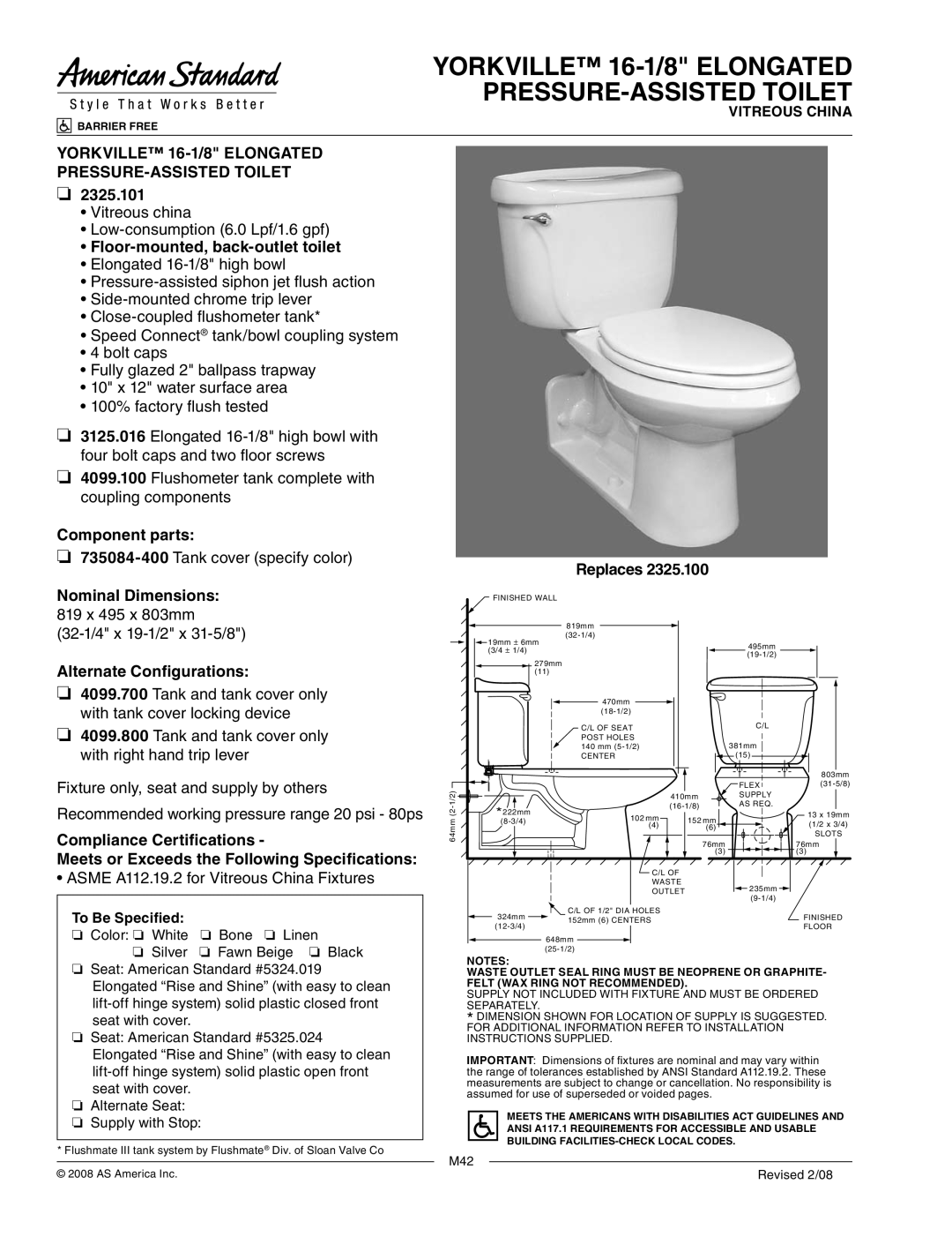 American Standard 4099.100, 3125.016, 4099.800, 4099.700 dimensions Yorkville 16-1/8 Elongated PRESSURE-ASSISTED Toilet 