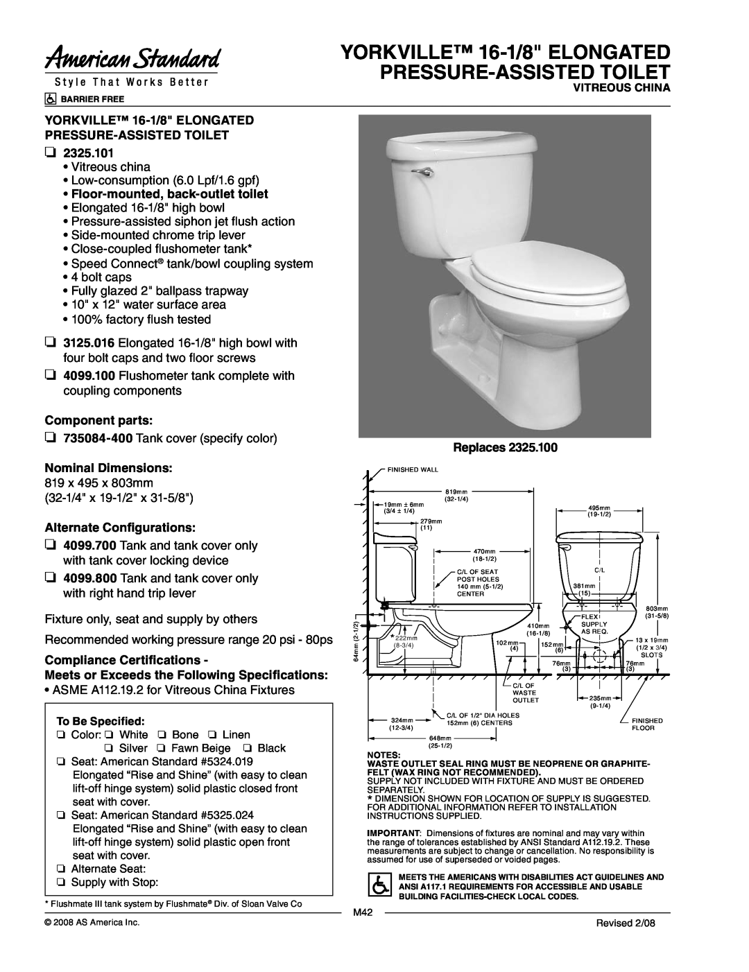 American Standard 4099.100 dimensions YORKVILLE 16-1/8ELONGATED PRESSURE-ASSISTEDTOILET, 2325.101, Component parts 