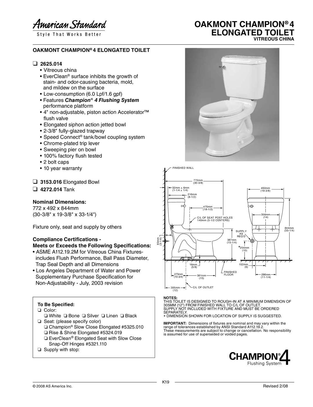 American Standard 2625.014, 3153.016 dimensions Oakmont Champion Elongated Toilet, Oakmont Champion 4 Elongated Toilet 