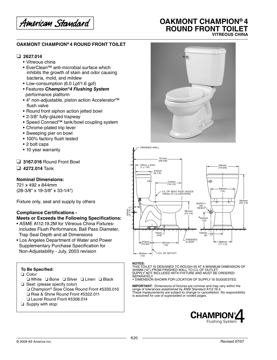 American Standard 2627.014, 3167.016 dimensions Oakmont Champion Round Front Toilet, Oakmont Champion 4 Round Front Toilet 