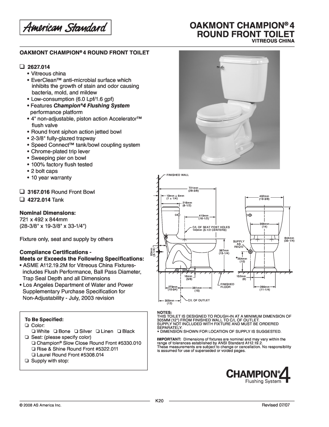 American Standard 2627.014, 3167.016 dimensions Oakmont Champion Round Front Toilet, OAKMONT CHAMPION 4 ROUND FRONT TOILET 