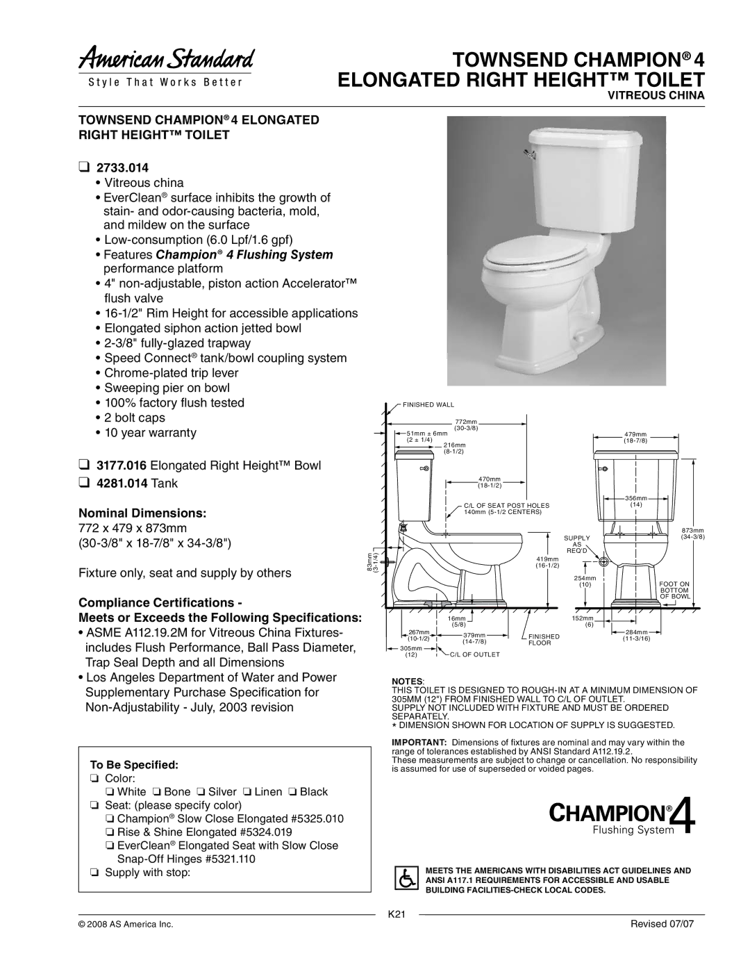 American Standard 2733.014, 3177.016 warranty Townsend Champion Elongated Right Height Toilet, Tank Nominal Dimensions 