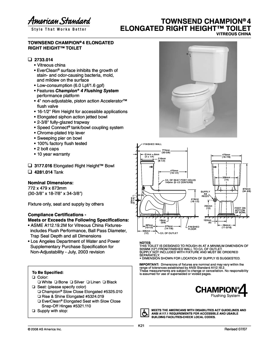 American Standard 2733.014, 3177.016 warranty Townsend Champion Elongated Right Height Toilet, Tank Nominal Dimensions 