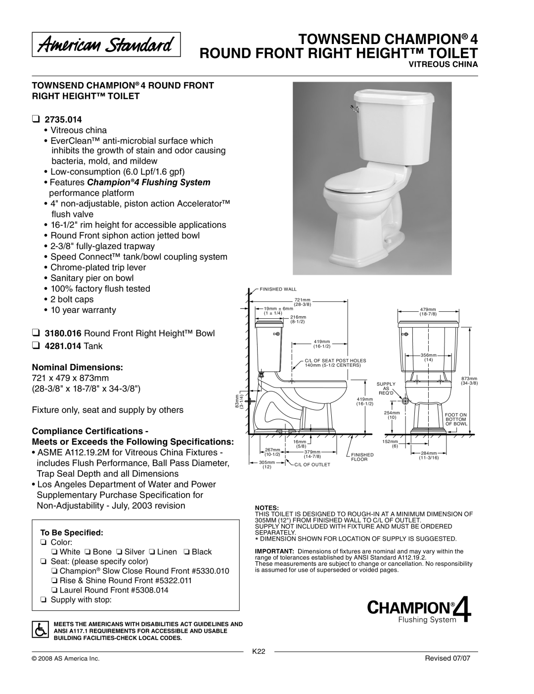 American Standard 2735.014 dimensions Townsend Champion 4 Round Front Right Height Toilet, Tank Nominal Dimensions 