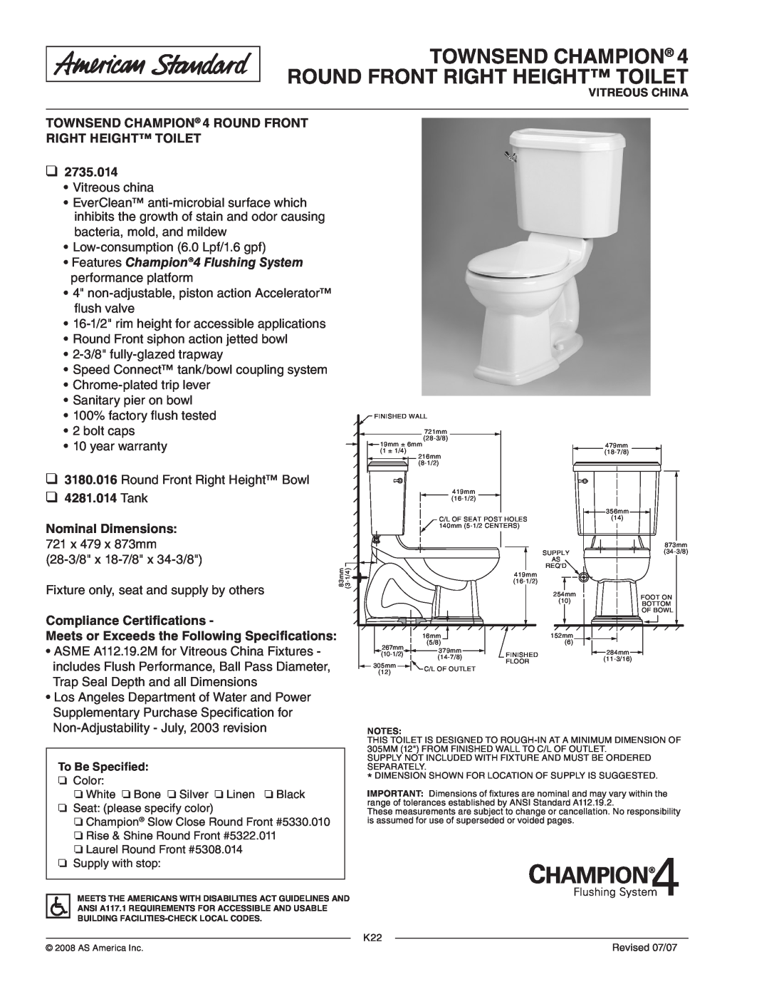 American Standard 2735.014, 3180.016 dimensions Tank Nominal Dimensions, Compliance Certifications 
