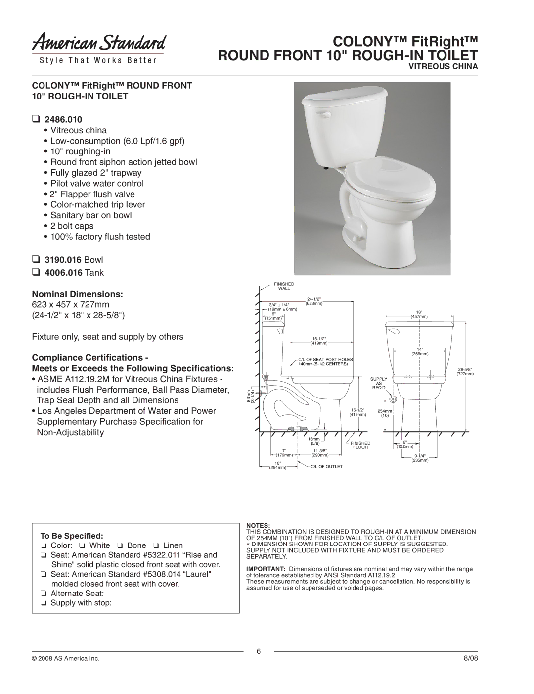 American Standard 2486.010 dimensions Round Front 10 ROUGH-IN Toilet, Bowl Tank Nominal Dimensions 623 x 457 x 727mm 