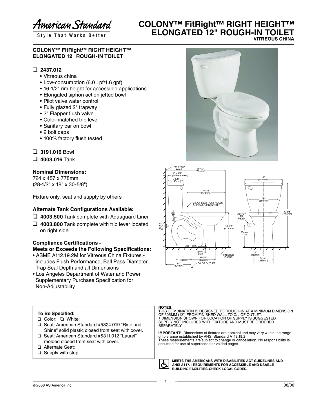 American Standard 4003.016, 3191.016, 2437.012 dimensions Elongated 12 ROUGH-IN Toilet 