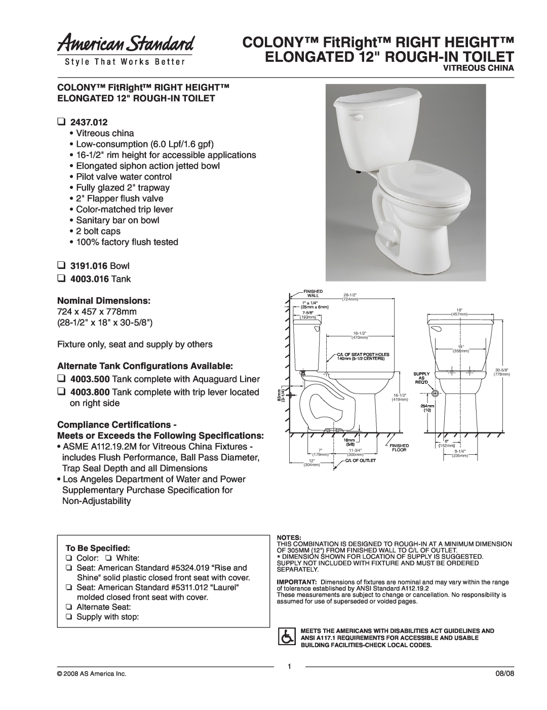 American Standard 3191.016 dimensions COLONY FitRight RIGHT HEIGHT, ELONGATED 12 ROUGH-INTOILET, Bowl 4003.016 Tank 
