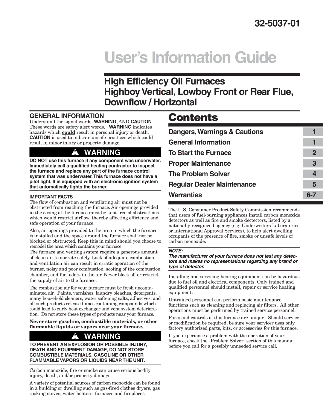 American Standard 32-5037-01 manual User’s Information Guide, Contents 