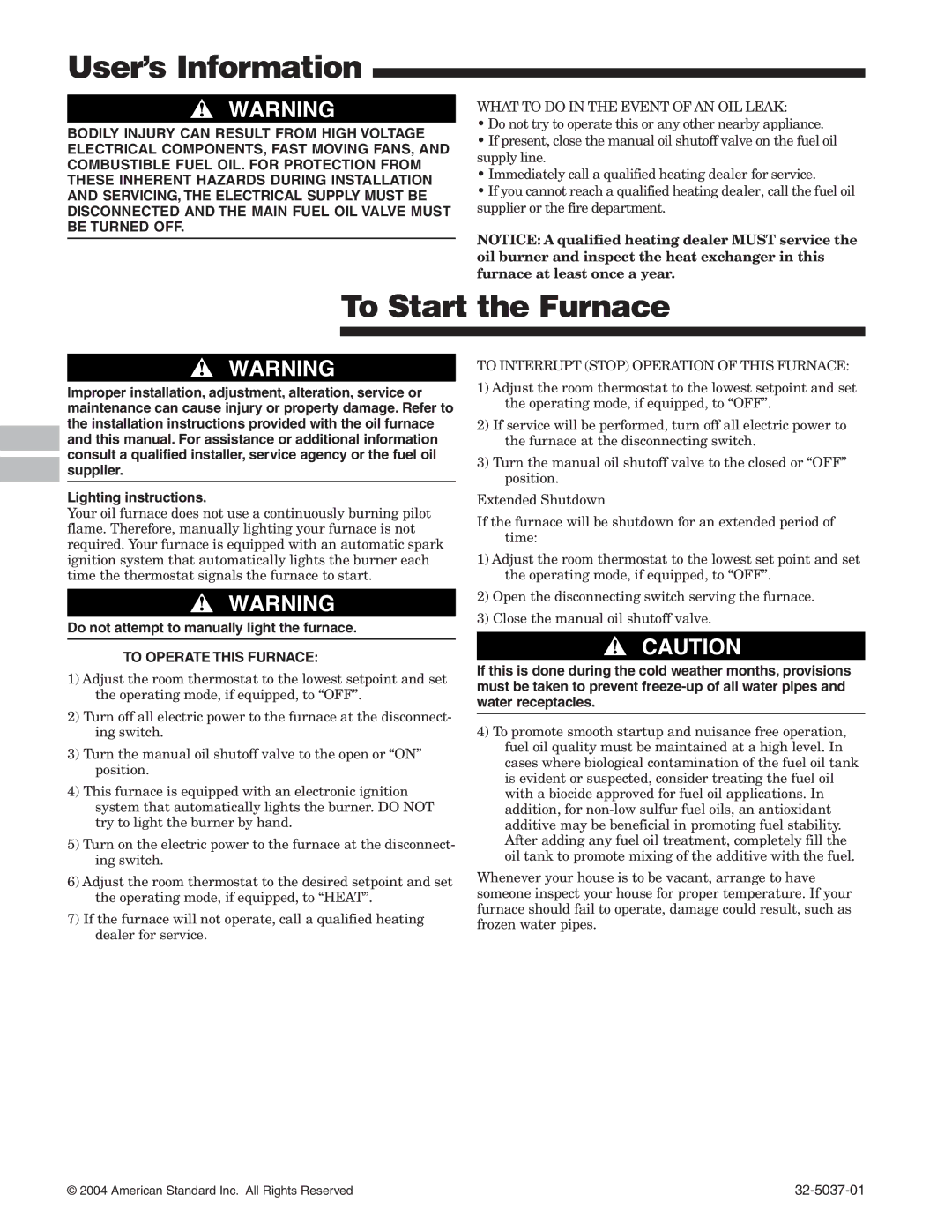 American Standard 32-5037-01 User’s Information, To Start the Furnace, Do not attempt to manually light the furnace 