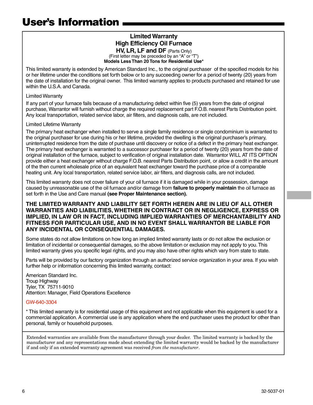 American Standard 32-5037-01 manual GW-640-3304, Models Less Than 20 Tons for Residential Use 