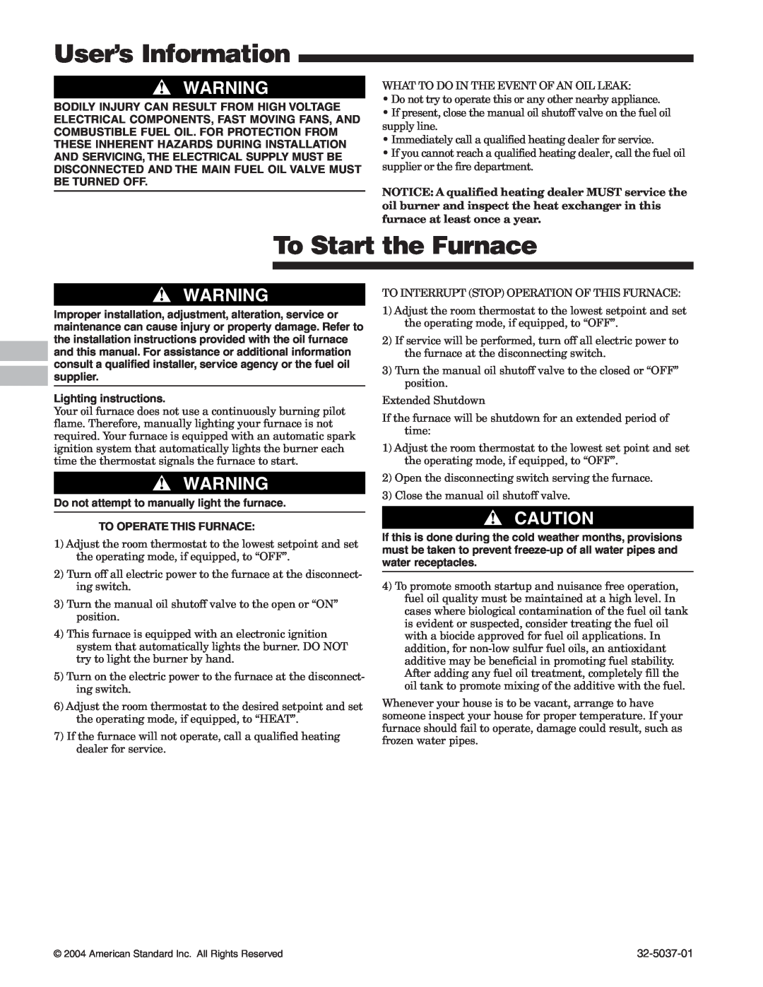 American Standard 32-5037-01 User’s Information, To Start the Furnace, Lighting instructions, To Operate This Furnace 