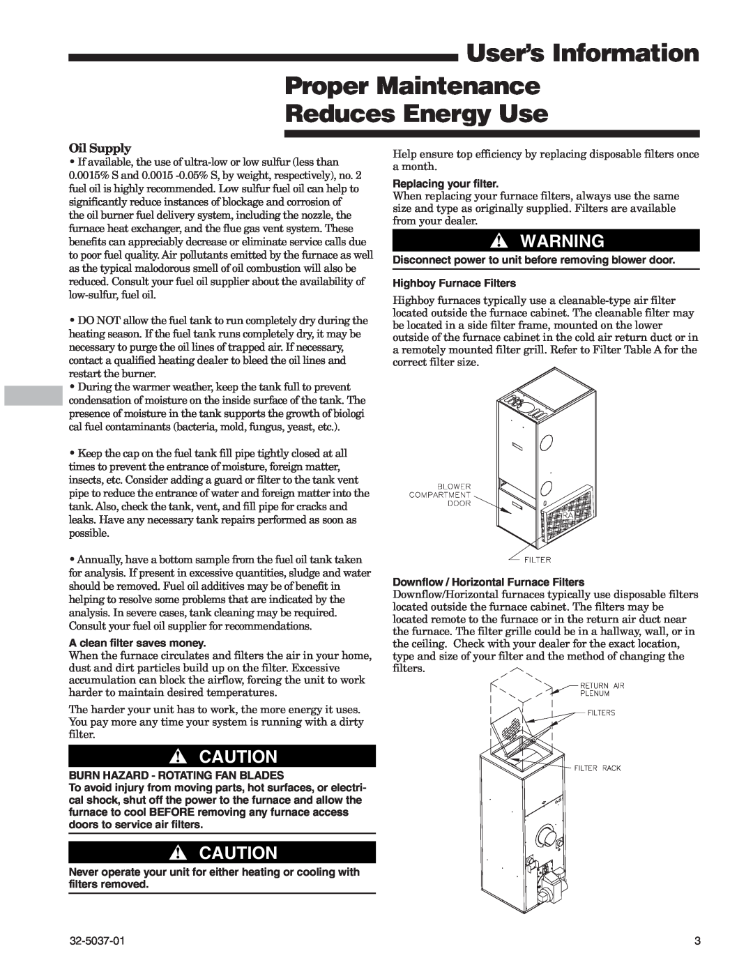 American Standard 32-5037-01 manual User’s Information Proper Maintenance, Reduces Energy Use, Oil Supply 