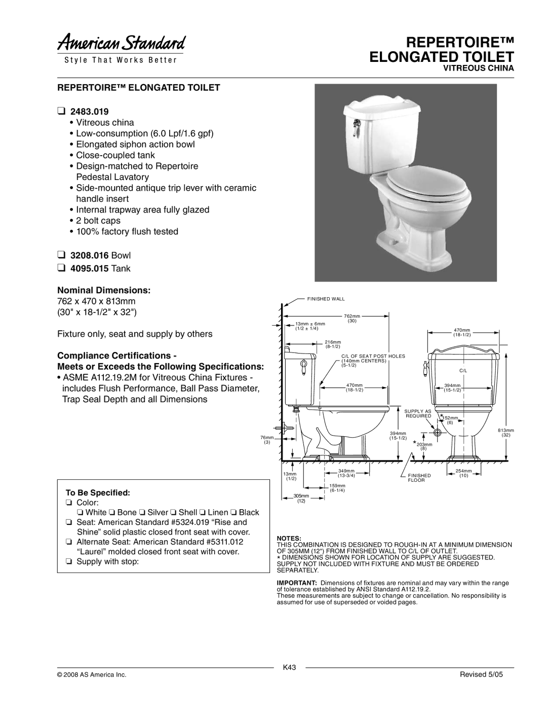 American Standard 2483.019, 3208.016, 4095.015 dimensions Repertoire Elongated Toilet, To Be Specified 