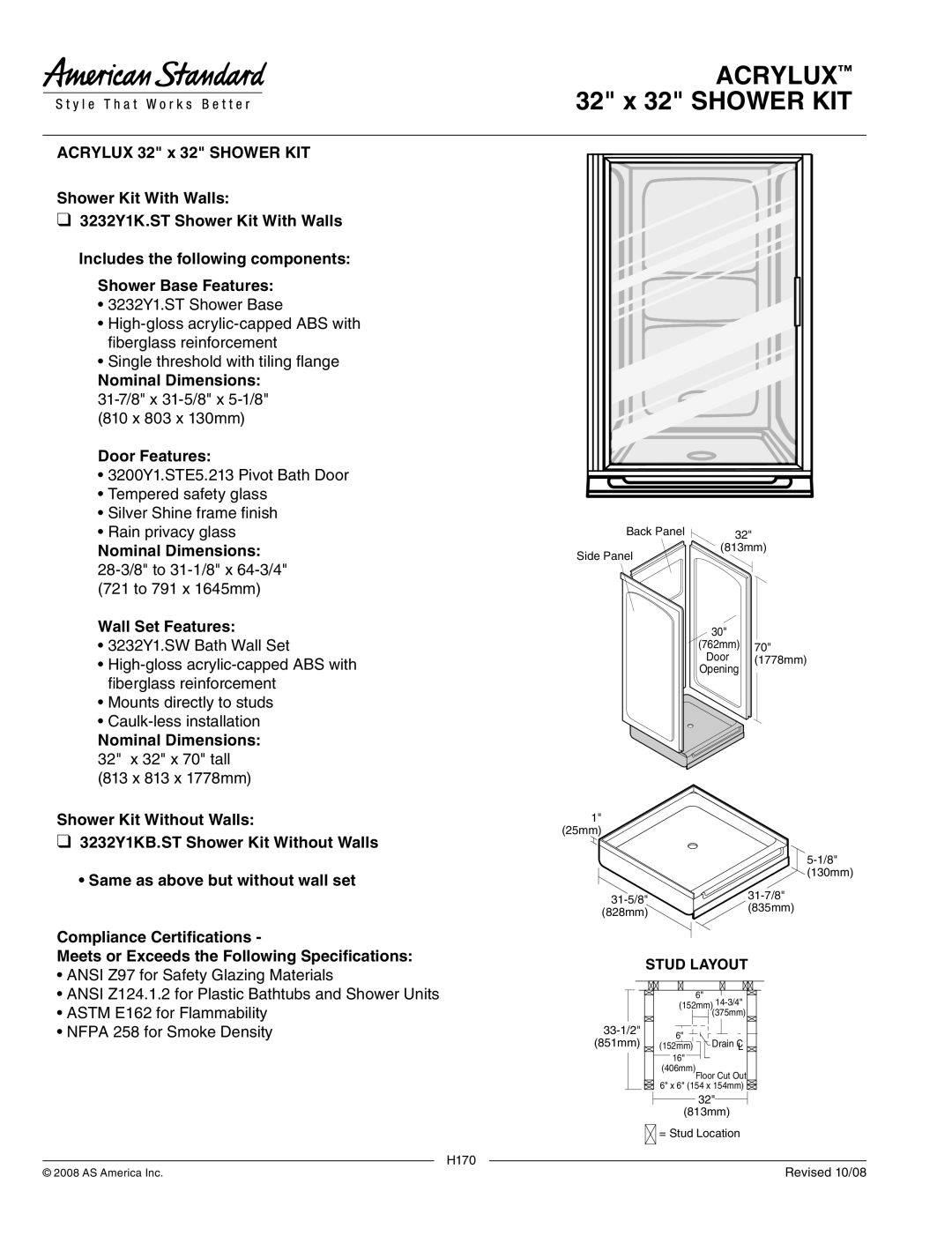 American Standard 3232Y1KB.ST dimensions Acrylux 32 x 32 Shower KIT, Nominal Dimensions, Wall Set Features, Stud Layout 